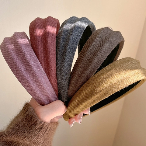 Women Retro Knitted Padded Headband Wide Brim Solid Color High Top Fashion Hair Band Autumn Winter Hair Accessories