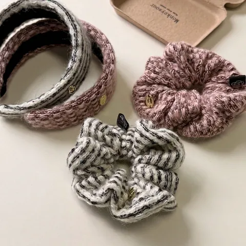 Eleganter Gestrickter Grober Tweed Haargummi Und Stirnband Für Damen Vintage Schwarz Weiß Gestreift Rosa Haarschmuck