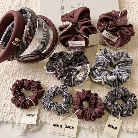 Korean Style Plaid Polka Dot Lace Scrunchies Fabric Handmade Sweet Hair Ties Headbands For Women Girls Daily Hair Accessories