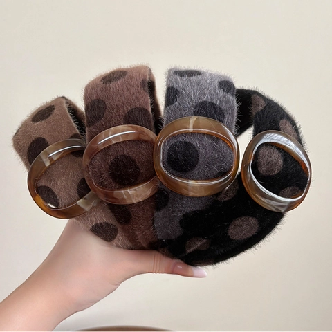 Cerchietto Largo in Peluche a Pois Vintage per Donna Autunno Inverno Fascia per Capelli Morbida Con Fibbia in Resina Decorativa
