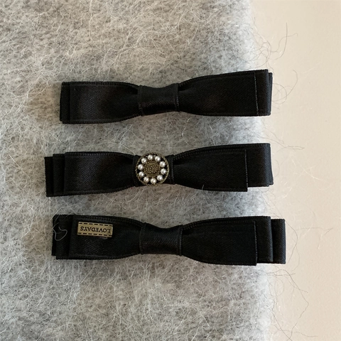 Handmade Black Bow Hair Clips Korean Style Satin Ribbon Fabric Hairpins With Artificial Pearl Gold Label Decor For Women
