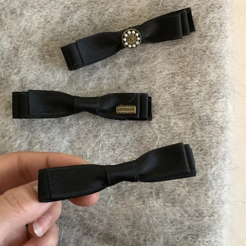 Handmade Black Bow Hair Clips Korean Style Satin Ribbon Fabric Hairpins With Artificial Pearl Gold Label Decor For Women