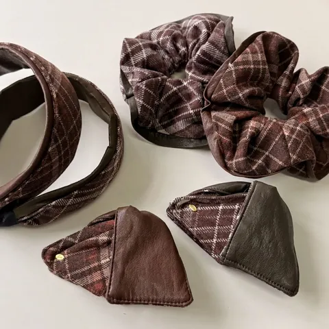 Vintage British Plaid PU Leather Patchwork Hair Accessories Set Elegant Autumn Winter Hair Claw Clip Headband Scrunchie Women