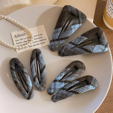 Retro Blue Plaid Fabric Wrapped BB Hair Clips For Women Elegant Checkered Pattern Bangs Side Snap Clips Handmade Hair Accessories