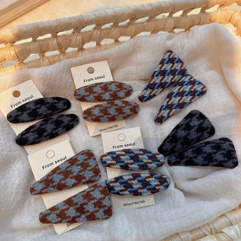 Vintage Houndstooth Knit Fabric Hair Clips Women Girls Elegant Triangle Oval BB Side Barrettes Winter Hair Accessories