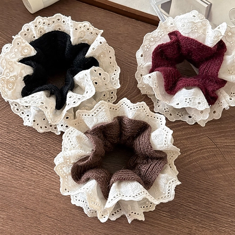 Coletero de Pelo de Punto y Encaje para Mujer Vintage Bordado Floral Elástico Accesorios para el Cabello Elegantes