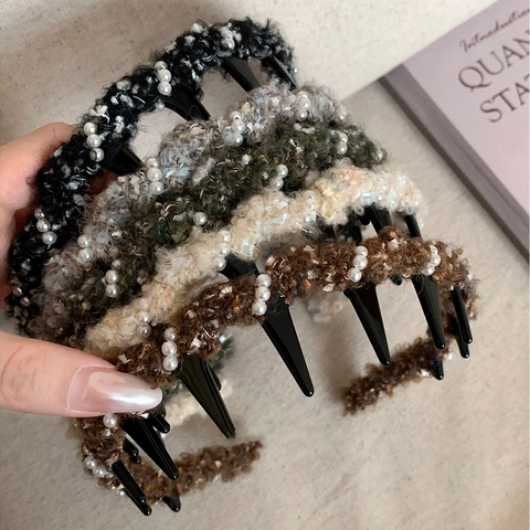 Elegant Plush Faux Artificial Pearl Hairband With Teeth Non-slip High Top Headband For Women Korean Style Tweed Fabric Hair Accessories
