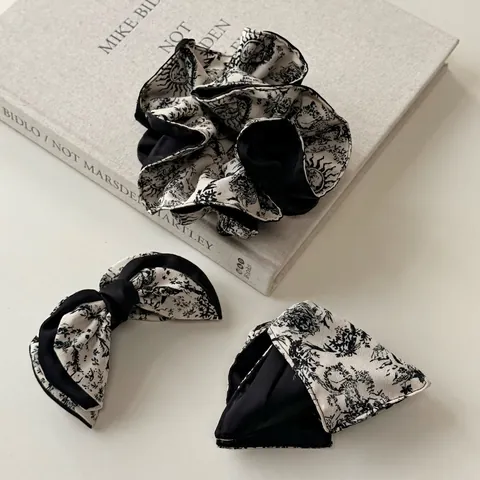 Französisch Vintage Schwarz Weiß Tuschedruck Haarklammern Elegant Toile De Jouy Scrunchie Bogen Bananenclip Haarkralle Styling Tools Für Damen