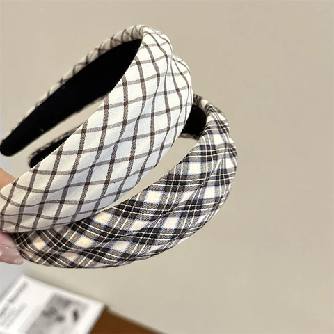 Vintage Karo Breiter Schwamm Haarreif Für Damen Herbst Winter High Cranial Top Preppy Stil Stoff Haarschmuck