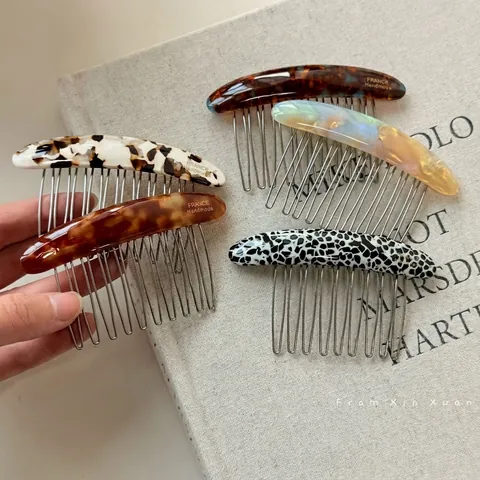 Pettine per Capelli in Acetato Retrò Francese per Donna Organizzatore per Frangia Antiscivolo Denti in Metallo Marmo Leopardo Fatto a Mano Accessorio