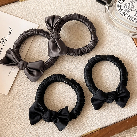 Elegant Satin Bow Scrunchie For Women High Elasticity Hair Tie Minimalist Solid Color Ponytail Holder Hair Accessories