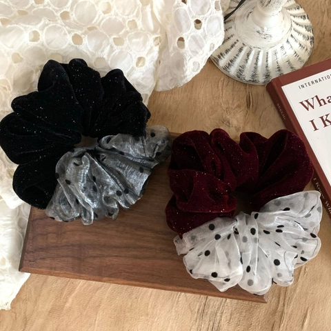 Elegante Elastico per Capelli Patchwork in Velluto Organza Pois Luccicante Fiocco Vintage Accessorio Capelli Donna Festa Quotidiano