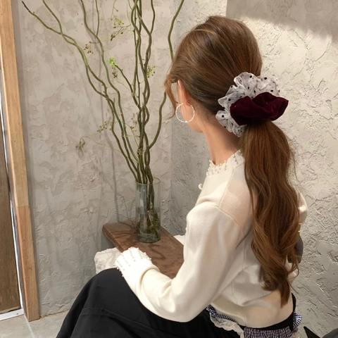 Elegante Elastico per Capelli Patchwork in Velluto Organza Pois Luccicante Fiocco Vintage Accessorio Capelli Donna Festa Quotidiano