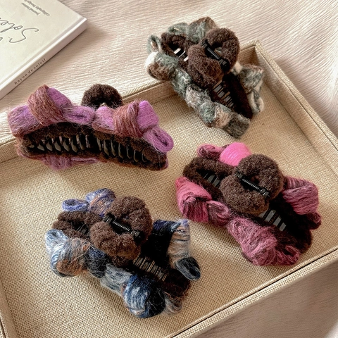 Elegante Pinza per Capelli con Fiocco in Peluche per Donna Fermaglio a Squalo in Ecopelliccia a Maglia Accessori per Capelli Invernali