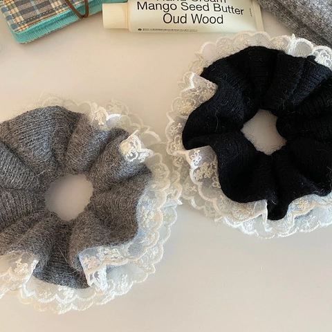 Scrunchie Lavorato a Maglia Stile Coreano Donna Con Finiture in Pizzo Bianco Elastico Fermacapelli a Coda di Cavallo Accessori