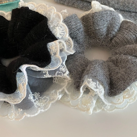 Scrunchie Lavorato a Maglia Stile Coreano Donna Con Finiture in Pizzo Bianco Elastico Fermacapelli a Coda di Cavallo Accessori