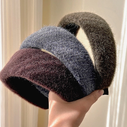 Vintage Plush Padded Wide Edge Headband For Women Winter Thick Solid Color High Crown Hairband Fashion Hair Accessories
