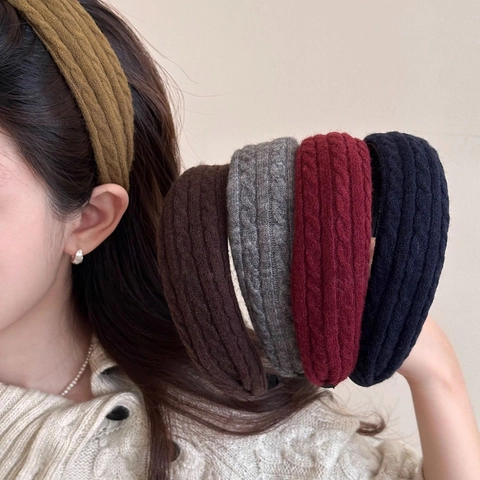Women Autumn Winter Cable Knit Wide Headband Padded High Top Knitted Woolen Yarn Hair Band Thick Warm Hair Accessory