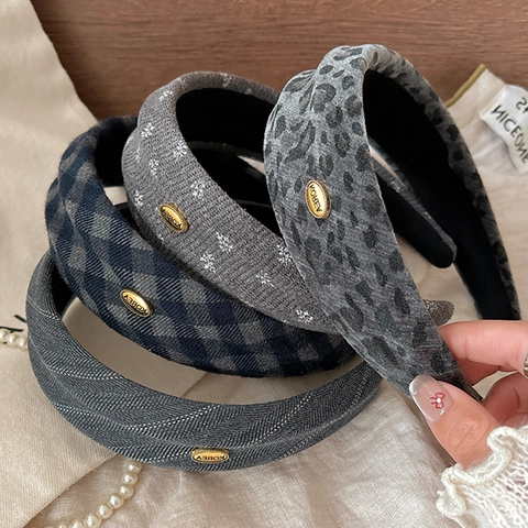 Diadema Mujer Estilo Coreano Gris Leopardo Floral Cuadros Borde Ancho Diadema de Tela Engrosada Accesorios para el Cabello