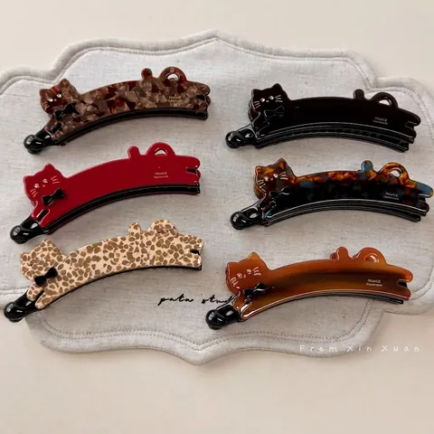 Cute Cat Shape Banana Clip Acetate Hair Clip With Rhinestone Eyes Bow Knot Decor For Women Girls Daily Hair Styling Accessories