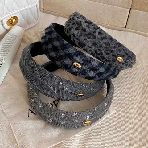 Diadema Mujer Estilo Coreano Gris Leopardo Floral Cuadros Borde Ancho Diadema de Tela Engrosada Accesorios para el Cabello