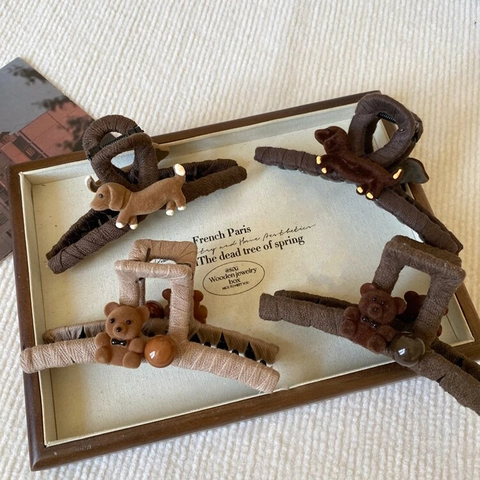 Pinza per Capelli Avvolta in Tessuto Vintage Maillard Con Orso Bassotto Stile Coreano Grande Clip a Squalo in Peluche per Donna