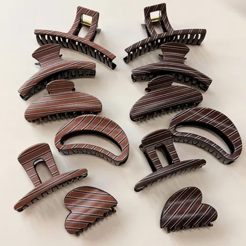 Vintage Gestreifte Haarklammer Für Damen Elegante Braune Kaffee Harz Haargreifer Haarschmuck Für Dickes Haar Shark Clip