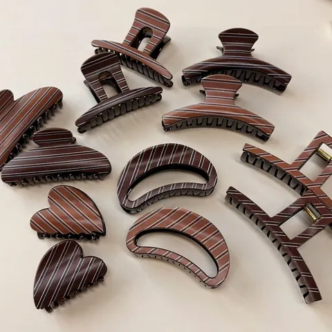 Vintage Gestreifte Haarklammer Für Damen Elegante Braune Kaffee Harz Haargreifer Haarschmuck Für Dickes Haar Shark Clip