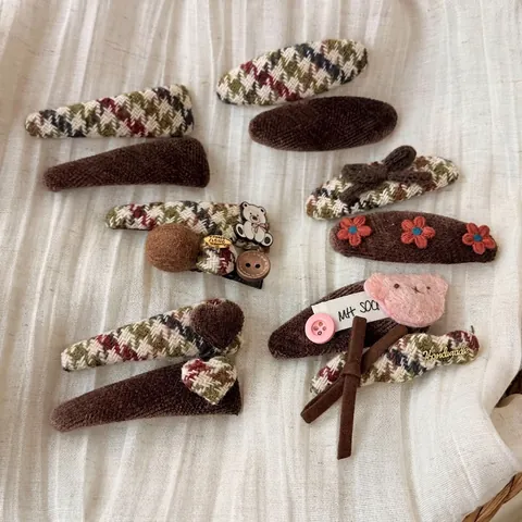 Vintage Brown Coffee Hair Clip Set Retro Sweet Bear Bow Plaid Autumn Winter Fabric Snap Clips For Women Hair Accessories