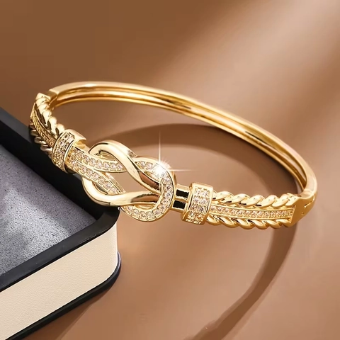 Damen Luxus Kupfer Armreif Mit Zirkonia Hufeisen Knoten Geflochtene Textur Mode Schmuck Geschenk Für Den Alltag