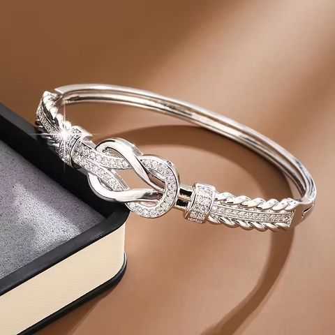Damen Luxus Kupfer Armreif Mit Zirkonia Hufeisen Knoten Geflochtene Textur Mode Schmuck Geschenk Für Den Alltag