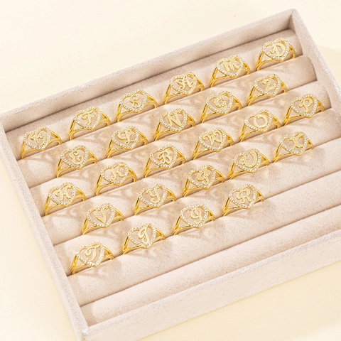 Anello con Iniziale a Cuore in Rame di Lusso alla Moda per Donna Oro Argento Galvanico Strass Alfabeto A-Z Anello da Dito Aperto Regolabile Gioielli