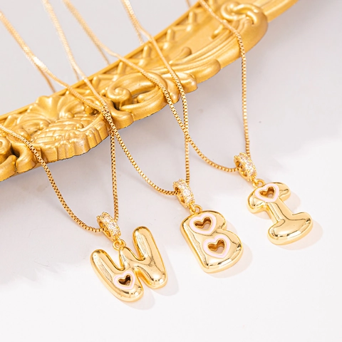 Mode 3D Blasen Initial Buchstabe Anhänger Halskette Für Damen Vergoldetes Kupfer Zirkonia Alphabet Rosa Herz Emaille Schmuck