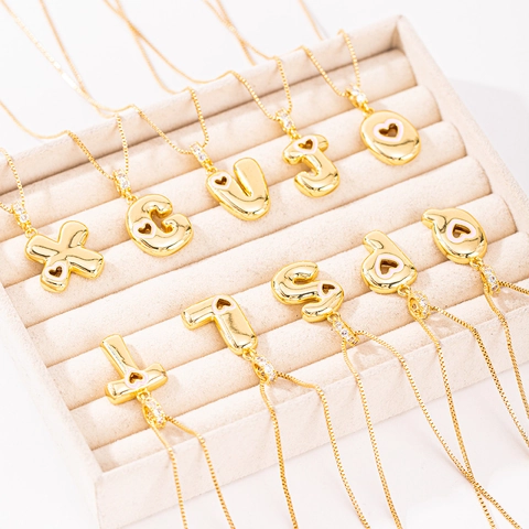 Mode 3D Blasen Initial Buchstabe Anhänger Halskette Für Damen Vergoldetes Kupfer Zirkonia Alphabet Rosa Herz Emaille Schmuck