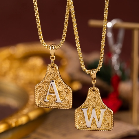 Collana con Ciondolo Lettera Inglese in Rame Vintage Incisione Occidentale Targhetta Orecchio Oro Argento Placcato Gioielli Donna