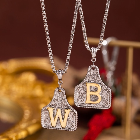 Collier Pendentif Lettre Initiale en Cuivre Zirconia Vintage Forme de Bouclier Filigrane Western Chaîne Vénitienne Bijoux Homme Femme