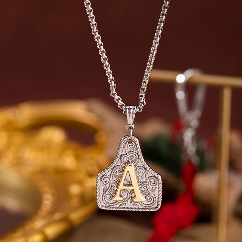 Collier Pendentif Lettre Initiale en Cuivre Zirconia Vintage Forme de Bouclier Filigrane Western Chaîne Vénitienne Bijoux Homme Femme