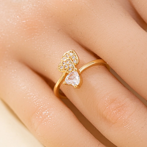 Anillo Abierto de Corazón de Cobre Bañado en Oro de Lujo Con Zirconia de Corazón Brillante Triple Corazón Anillo Ajustable para Mujer Joyería Romántica