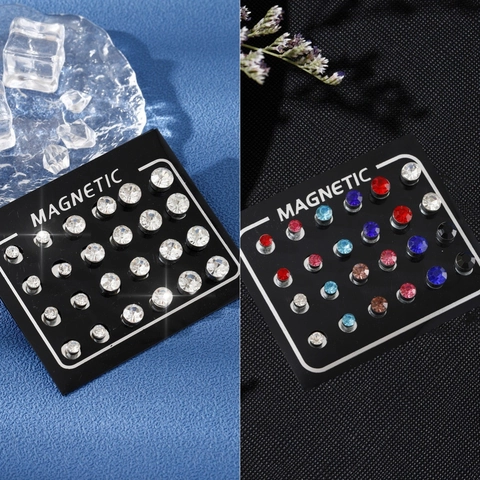 Unisex Magnetische Zirconia Oorbellen Set Voor Niet Gepiercte Oren Rond Geslepen Strass Roestvrij Staal Mode Sieraden Set