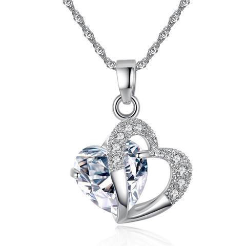 Romantic Copper Zirconia Double Heart Pendant Necklace For Women Elegant Water Wave Chain Heart Jewelry Gift