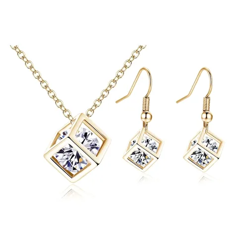 Collier Et Boucles d'Oreilles Géométriques Simples En Zirconia Cubique Cuivre Plaqué Or Argent Bijoux Cube Rubik Creux Pour Femmes