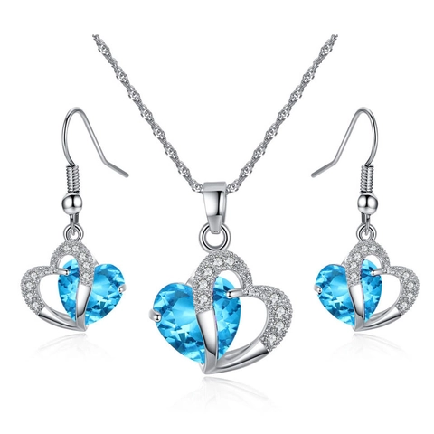Heart Pendant Necklace And Earring Jewelry Set For Women Copper Zirconia White Gold Plated Double Heart Jewelry Gift