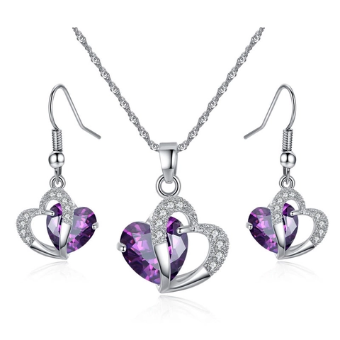 Heart Pendant Necklace And Earring Jewelry Set For Women Copper Zirconia White Gold Plated Double Heart Jewelry Gift