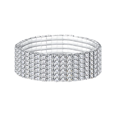 Korean Fashion Elastic Multi Row Rhinestone Bracelet For Women Luxury Shiny Silver Color Alloy Bangle Party Jewelry Gift