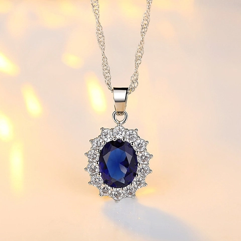 Eleganti Gioielli da Donna in Rame con Zirconia Blu Ovale Halo Ciondolo Collana Orecchino per Regalo Matrimonio e Festa