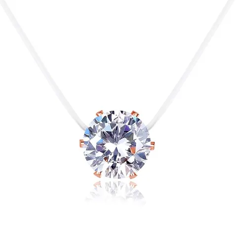 Minimalist Copper Zirconia Round Pendant Necklace Invisible Transparent Fishing Line Six Prong Crown Setting Jewelry For Women