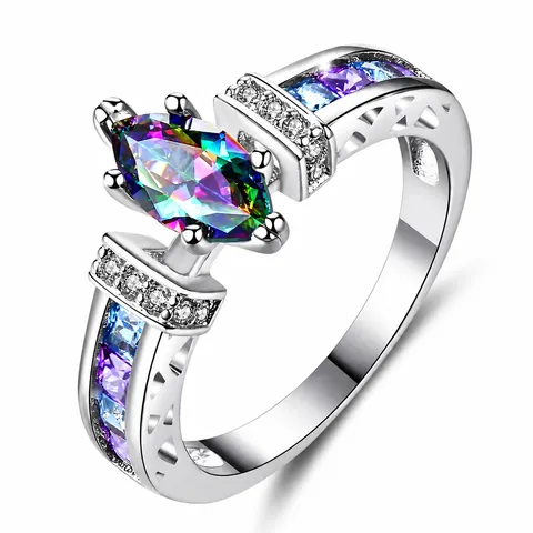 Fashion Silver Plated Copper Marquise Cut Multicolor Zircon Ring Women Trendy Geometric Inlaid Rhinestone Jewelry Ring
