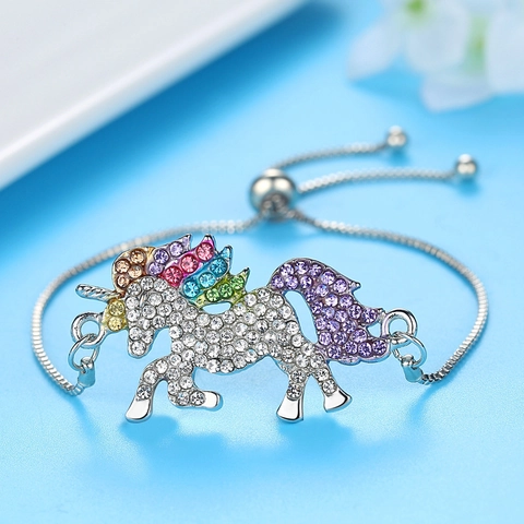 Bracciale Unicorno Regolabile Lega Colorata Strass Arcobaleno Gioielli Animali Per Donne Ragazze Elegante Catena A Mano