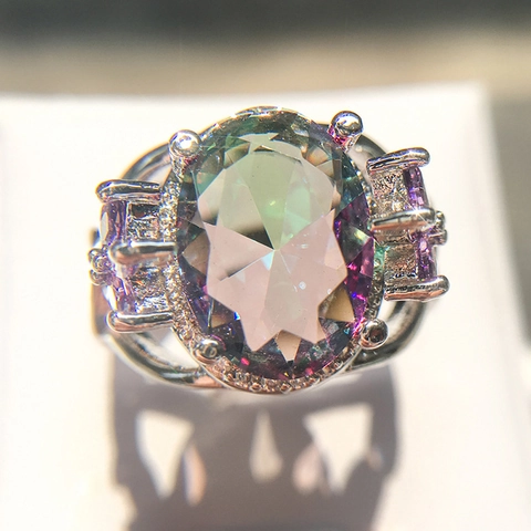Luxury Oval Mystic Topaz Ring Copper Colorful Rainbow Zircon Finger Ring For Women Hollow Vintage Jewelry Accessories