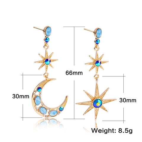 Asymmetric Star Moon Dangle Earrings For Women Vintage Gold Plated Alloy Blue Rhinestone Statement Jewelry Gift Accessory